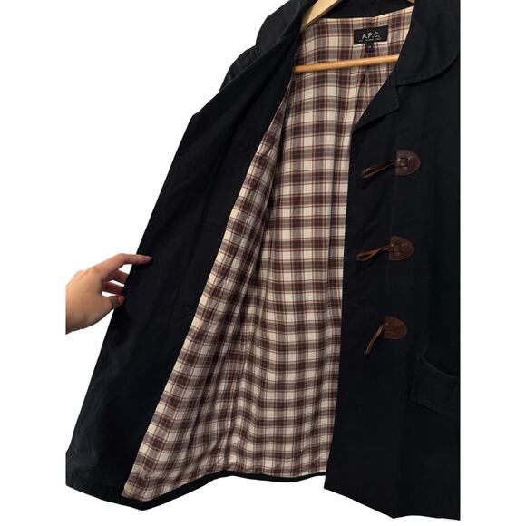 APC Paris S Wax Coated $495 Leather Toggle Duffle Coat Plaid Lined Jacket Black - Picture 5 of 12